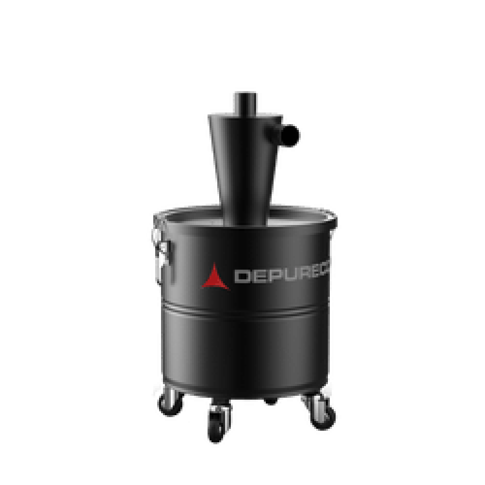 P13821 Cyclonic Pre-Separator — Protect Filters & Speed Dumps | Depureco Depureco P13821 cyclonic pre-separator on wheeled drum; cone top with inlet/outlet for industrial vacuum pre-collection.