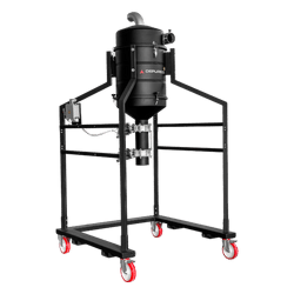 P12388 Cyclonic Pre-Separator — Big-Bag Discharge & Filter Protection | Depureco P12388 cyclonic pre-separator on a tall wheeled frame with cone body, valve, and big-bag (FIBC) discharge clearance.