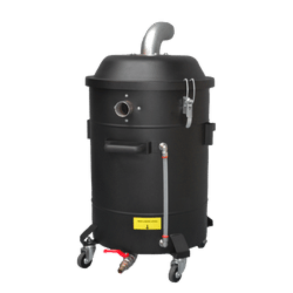 P12373 / P12373/50 Wet & Dry Pre-Separator — Filter Protection & Fast Dumps | Depureco Depureco P12373 / P12373/50 wet & dry pre-separator on wheeled drum with cone lid, elbow inlet, level sight tube, and drain valve.