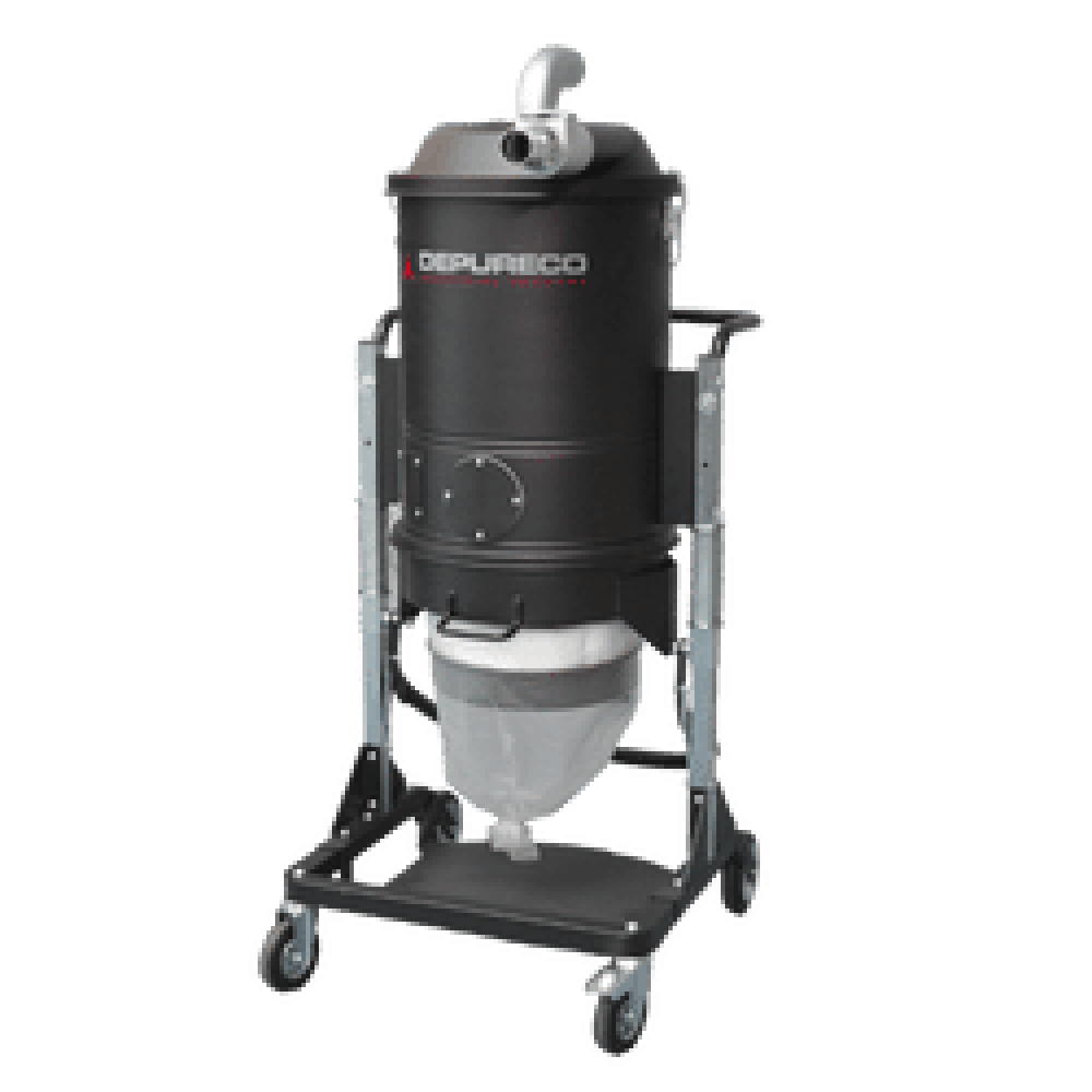 P12372 / P12371 Cyclonic Pre-Separator with Longopac® — Filter Protection | Depureco P12372/P12371 cyclonic pre-separator on a trolley with elbow inlet and Longopac® continuous liner.