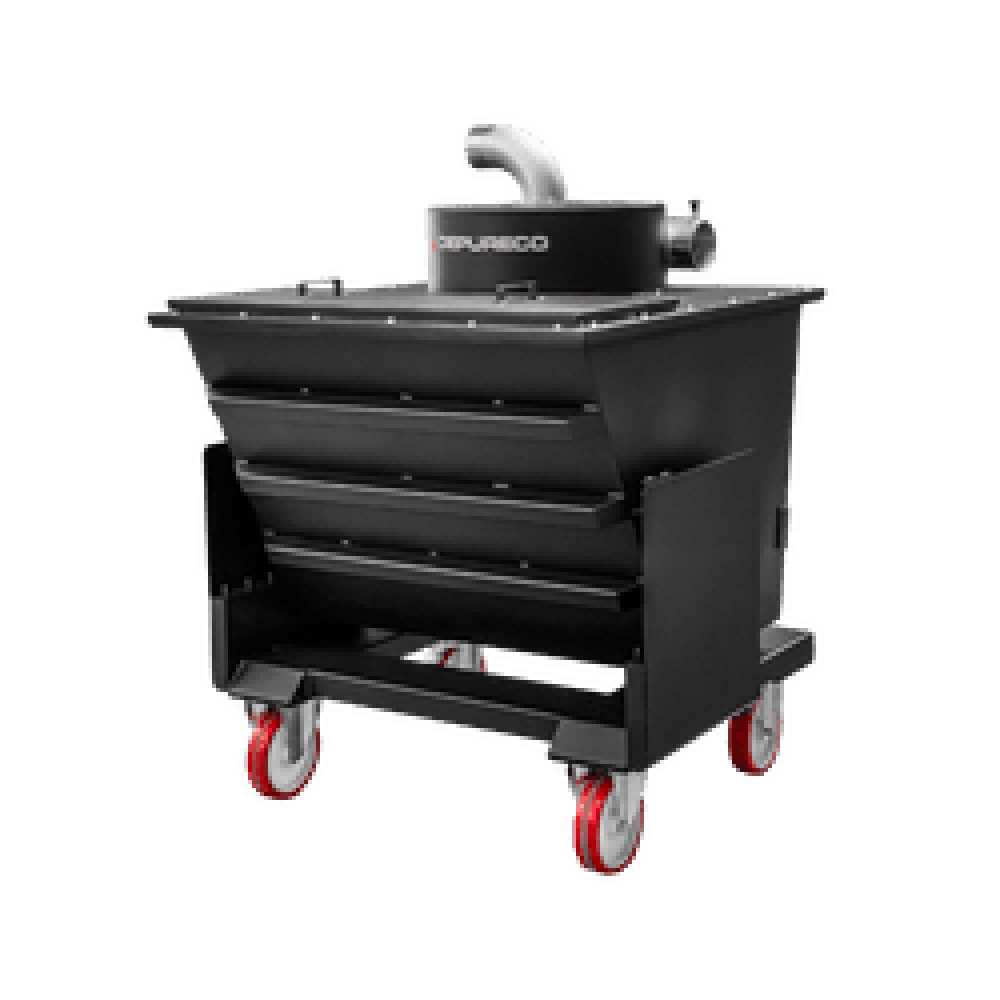 P09319 Tiltable Pre-Separator Hopper — Bulk Dust & Debris | Depureco P09319 tiltable pre-separator hopper on red casters with elbow inlet on the lid.